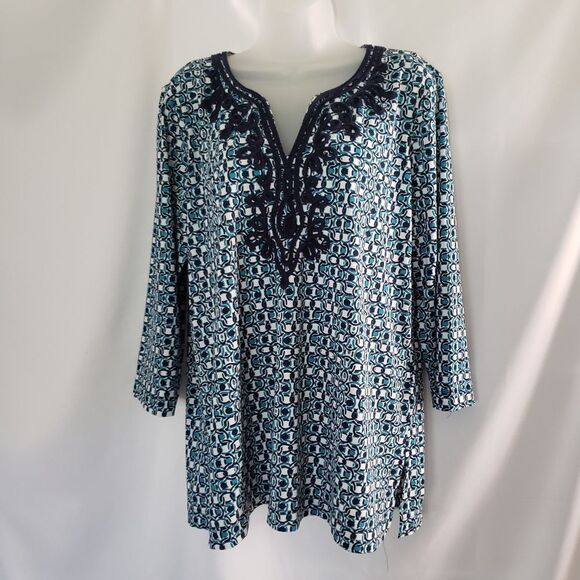 Pappagallo Blue Pattern Embroidered Tunic - Picture 1 of 5